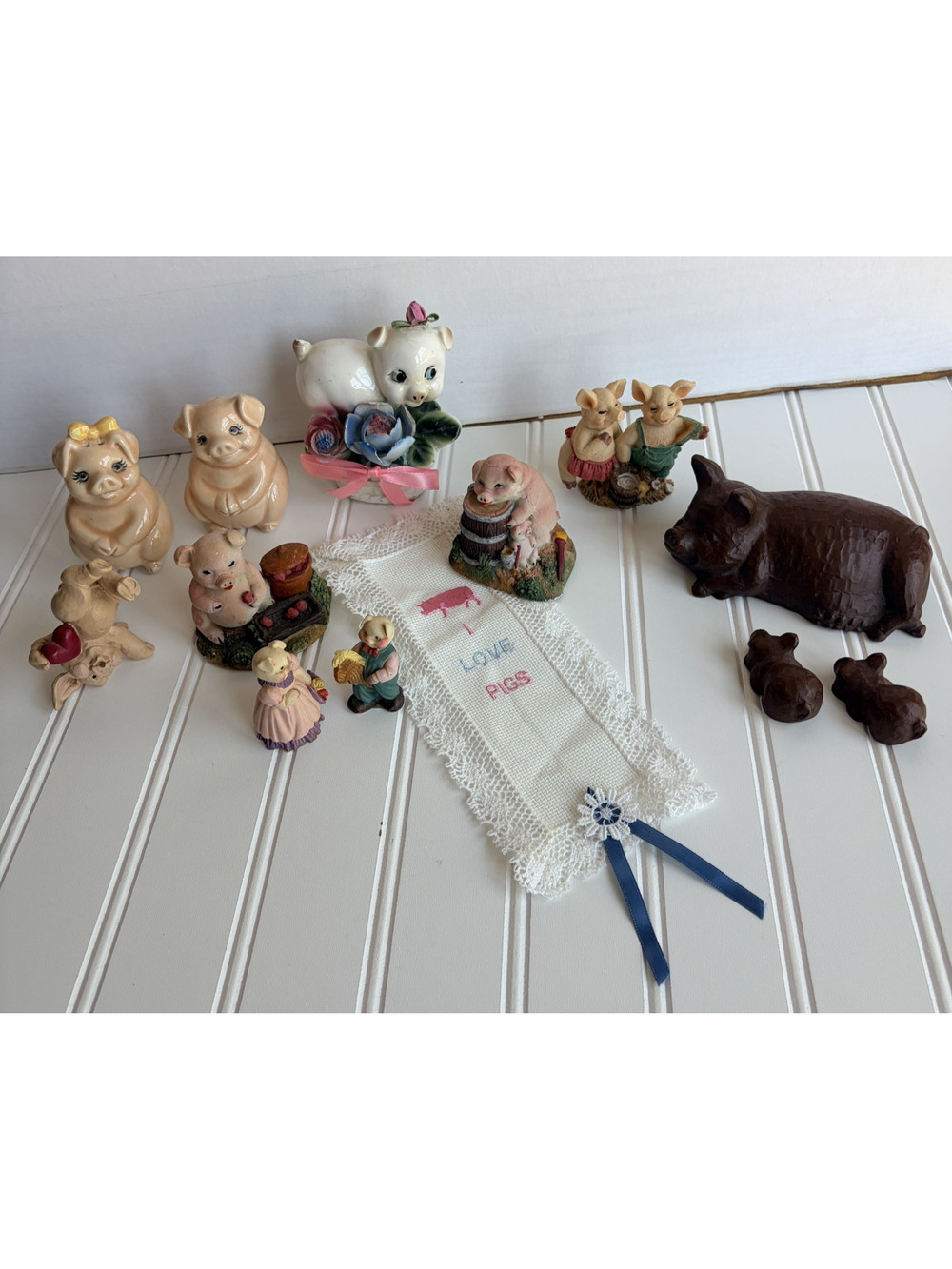 Vintage Pig Figurine Lot Farmhouse Country Decor Porcelain Wood Folk Art piggies